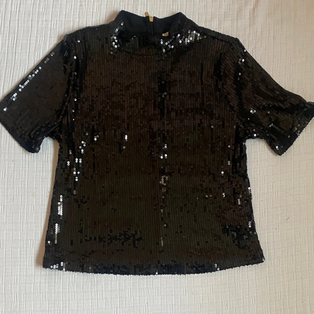 MICHAEL KORS Black Sequin Short Sleeve Top